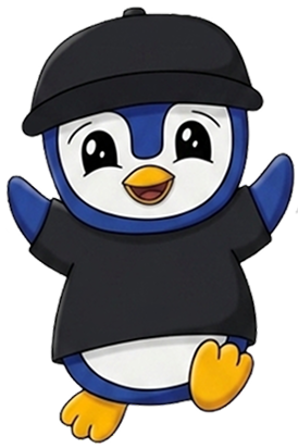 Animated penguin wearing a black cap and T-shirt, joyfully jumping with a wide smile. The penguin's blue and white body exudes a playful vibe.