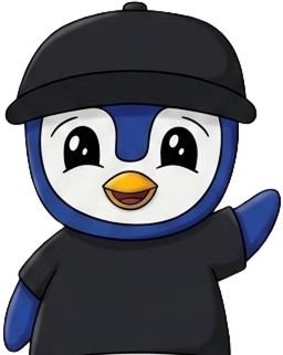 Cute cartoon penguin wearing a black shirt and cap, smiling and waving. The design is simple, with a playful and friendly tone.